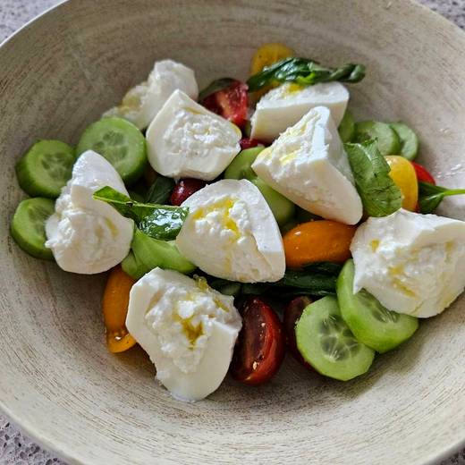 Burrata with heirloom tomatoes and cucumber