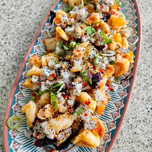 Shrimp crudo with dragonfruit and sesame